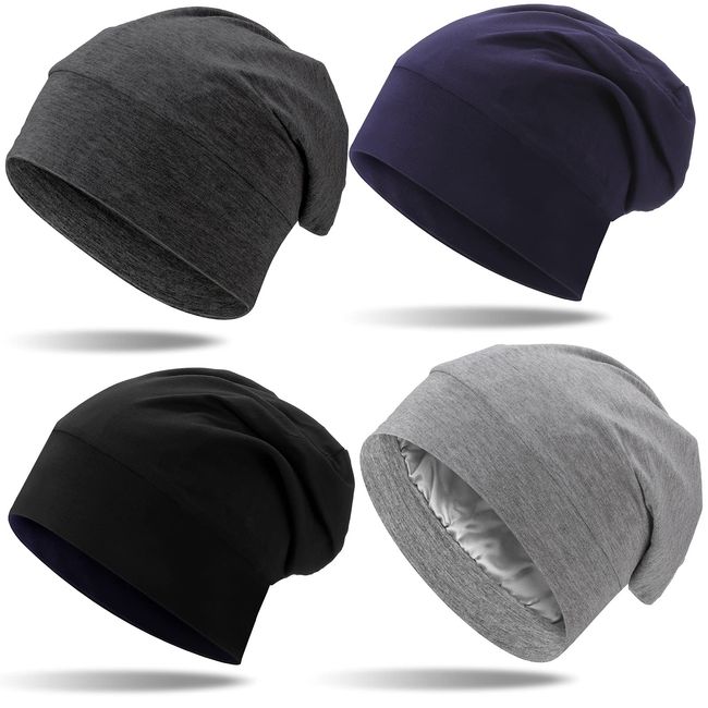 4 Pieces Hair Bonnet for Men Women Satin Lined Sleep Cap Silk Satin Sleep Cap Satin Lined Bonnet Hair Cover (Black, Navy Blue, Dark Gray and Light Gray)