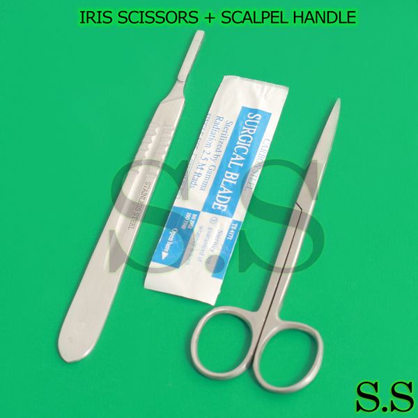 IRIS MICRO SCISSORS STRAIGHT 4.5" + SCALPEL HANDLE #4 + 5 SURGICAL BLADES #21
