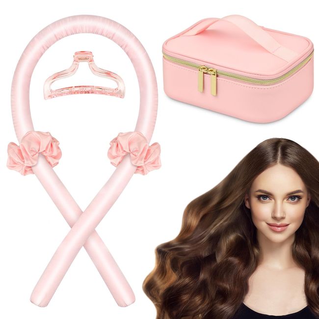 Heatless Hair Curlers with Cosmetic Bag Pink Set: Heatless Curling Rod Headband Hair Rollers for Long Hair, Hair Curls to Sleep In, Women No Heat Curls Ribbon with Clips Salon DIY Girls Birthday Gifts