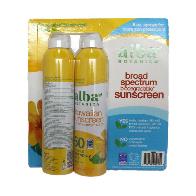 Alba Botanica Hawaiian Sunscreen SPF 50 Coconut Clear Spray 8 Ounce (Pack of 2)
