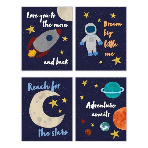 TRENDYPRINT Outer Space Inspiration Quotes – Astronaut in the Stars – Children’s Bedroom Nursery Home Decor Set – Set of Four 8" x 10" Wall Art