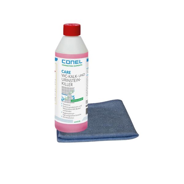 BADfabrik24 CONEL CARE WC-Kalk- & Urinstein-Killer 500ml Konzentrat – Stark gegen Ablagerungen + Mikrofasertuch,Kalkentferner, Urinsteinentferner,Sanitärreiniger,WC-Kalkreiniger, Urinstein-Killer