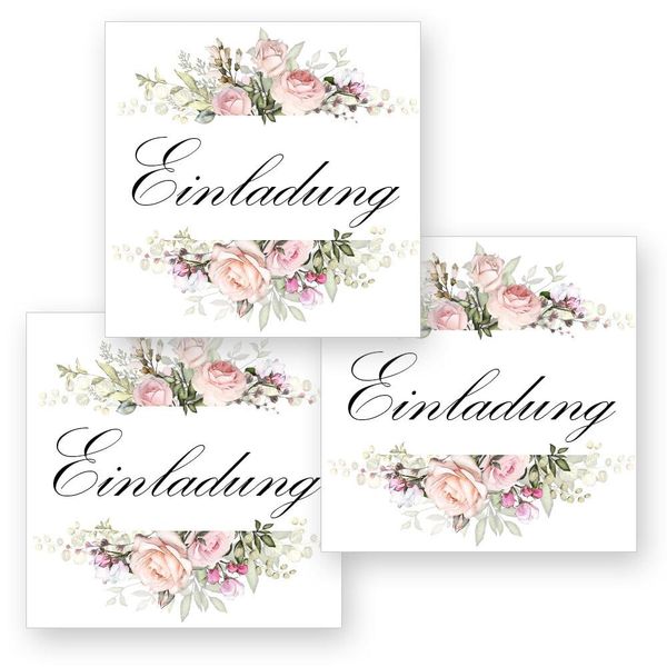 50 Aufkleber EINLADUNG - Blumenmotiv Quadrat 4 x 4 cm, Besondere Anlässe Hochzeit, Motiv-Sticker