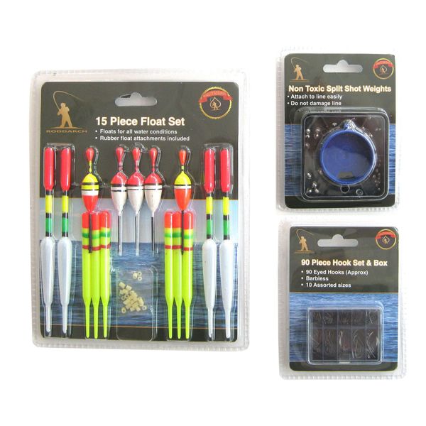 Roddarch 15 Piece Fishing Float Tackle Set Including 90 Hooks and Split Shot Selection.
