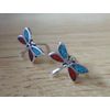 Sterling Silver 3D TINY 8x10mm Red & Blue Dragonfly Studs Earrings!