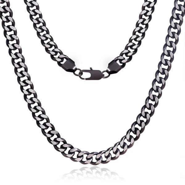 CARITATE Two Tone Silver/Black-Blue Chain Necklaces For Men and Women, 6mm 10mm Hypoallergenic Stainless Steel Cuban Link Chain For Boys Girls, Mens Thick Diamond Cut Black Necklace Jewelry Gifts