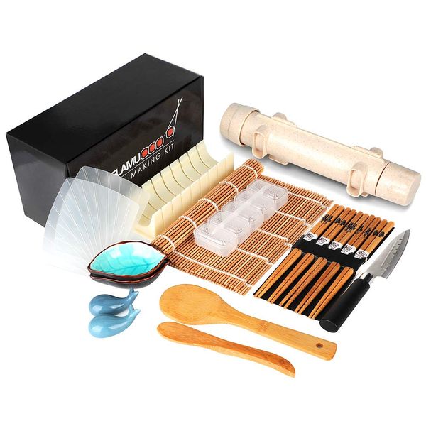 Delamu Sushi Making Kit, 20 in 1 Bazooka Roller Kit with Chef’s Knife, Bamboo Mats, Rice Mold, Temaki Sushi Mats, Rice Paddle, Spreader, Chopsticks, Sauce Dishes, Guide Book