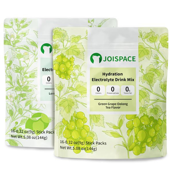 JOISPACE Electrolyte Drink Mix - Green Grape Oolong Tea & Lemon Ganpu Tea - Hydration Powder Packets with Tea Polyphenols & Ascorbic Acid | Non-GMO, Vegan Electrolytes Powder Packets | 32 Servings