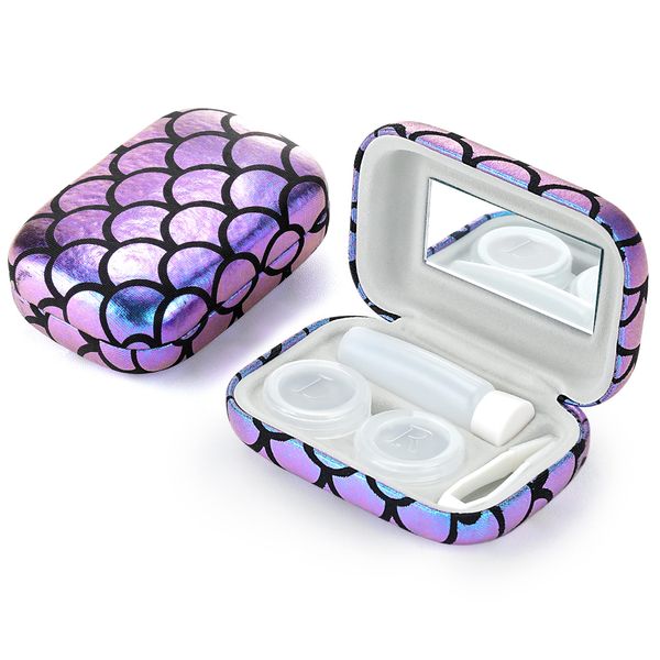 Muf Fish Scale Contact Lens Case,Portable Contact Lens Travel Kit with Mirror,Container,Tweezer,Contact Lens Solution Bottle,Compact Soak Storage Kit for Travel Outdoors Daily Use,Purple Sparkles