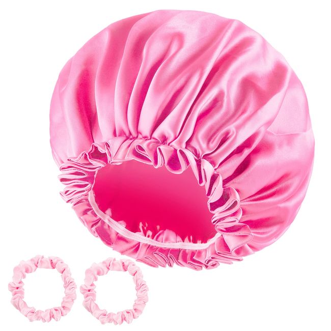 Satin Bonnet Silk Bonnet for Sleeping, Double Layer Hair Bonnet Silk Cap with Satin Scrunchies for Natural and Curly Hair (Pink)