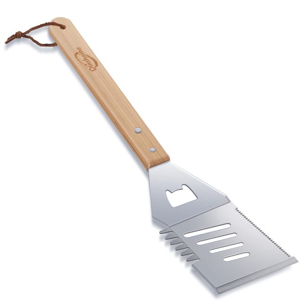 Qinshaine 4-in-1 BBQ Spatula, Multifunction Grill Spatula with Wooden Handle, perfect for BBQ grills and kebabs for camping picnics