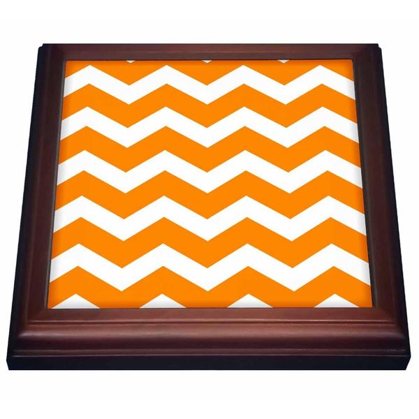3dRose Bold Orange & White Zig Zag Chevron Pattern Bright Zigzags Trivet with Ceramic Tile, 8 by 8", Brown