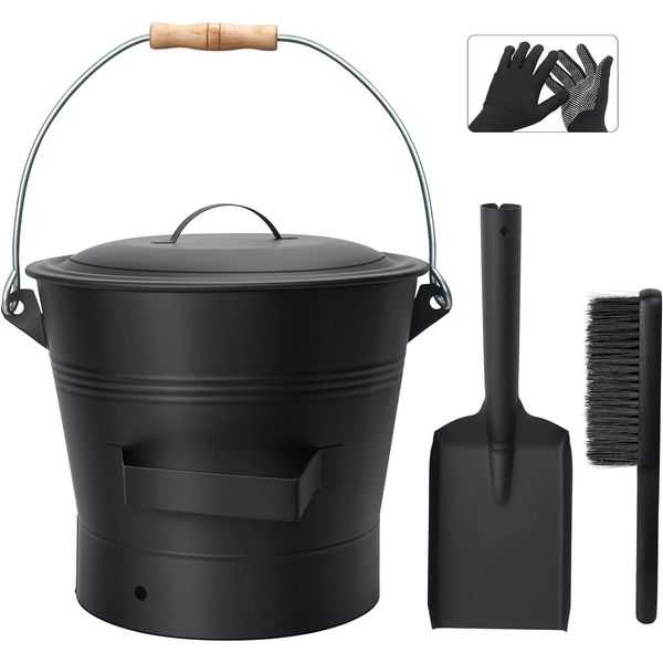 Ash Bucket with Lid, 2.6 Gallon Fireplace Ash Bucket with Shovel and Hand Broom,