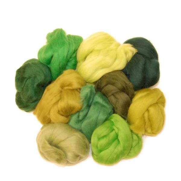 Woodland green hues Merino wool roving/tops A mix of 10 colours. Great for wet felting/needle felting, and hand spinning projects. 60gm pack