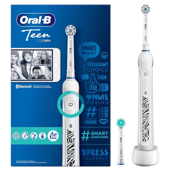 Oral-B Teen Elektrische Zahnbürste/Electric Toothbrush, 3 Putzmodi inkl. Sensitiv & Bluetooth-App für Zahnpflege, Ortho-Care Aufsteckbürste für Zahnspangen, Designed by Braun, weiß