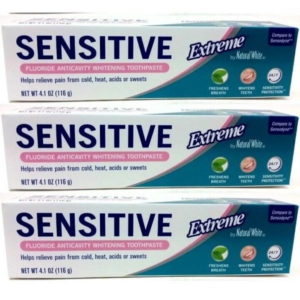 3 x Natural White Sensitive Extreme Whitening Toothpaste 3.4 -oz F/S