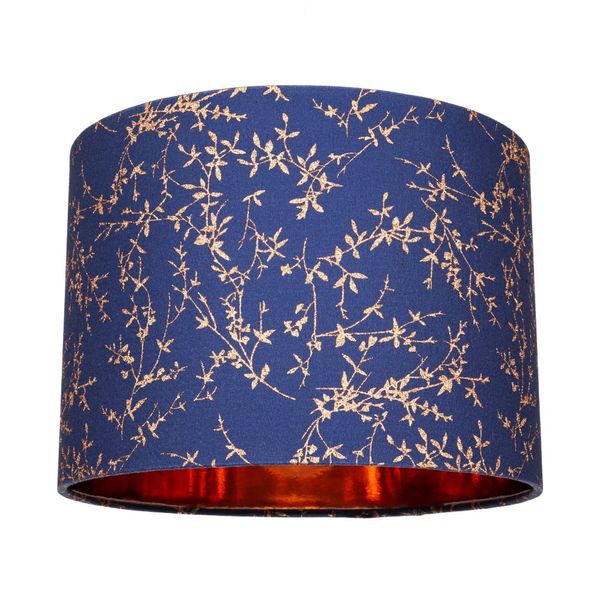 Modern Navy Midnight Blue Cotton Fabric 10" Lamp Shade with Copper Foil Floral Decoration Suitable for Table or Ceiling Usage | 25cm Diameter | 60w Maximum by Happy Homewares