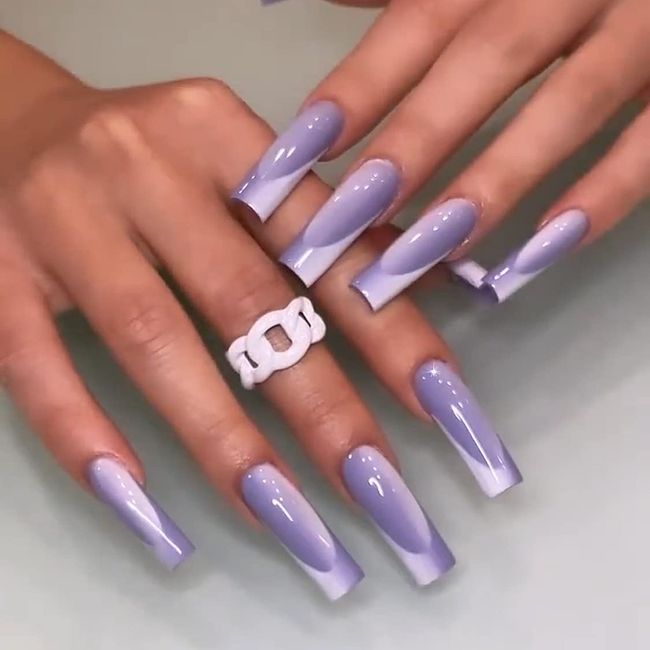 24PCS Medium Coffin Purple Ombre French Press on Nails with Adhesive Tabs Ballerina False Nails Files