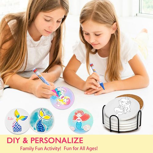 Paint Your Own Mermaid Coaster with Markers,Teens Arts and Crafts Kit,6 Absorbent Ceramic Tiles with Cork Base,DIY Painting Kit Mermaid Gifts for Women,Craft Enthusiasts All Ages,Seniors,Adults