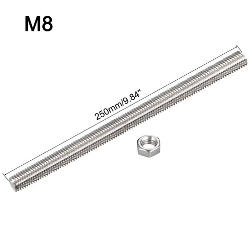 sourcing map 6 Pcs M8 x 250mm Fully Threaded Rod with 6 Pcs Hex Nuts, 1.25mm Thread Pitch 304 Stainless Steel Right Hand Threaded Rods Bar Studs