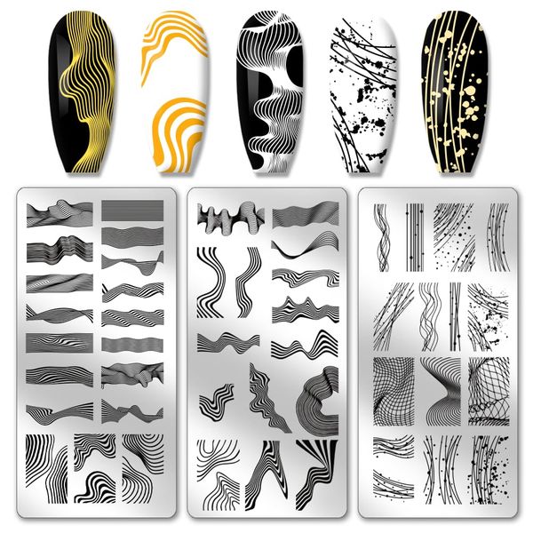 PH PandaHall 3pcs Line Texture Nail Stamping Plates, Streamline Nail Stamper Wavy Lines Nail Art Stencils Print Nail Stencils Stainless Steel Nail Image Plates for Nail Art Design Manicure Salon