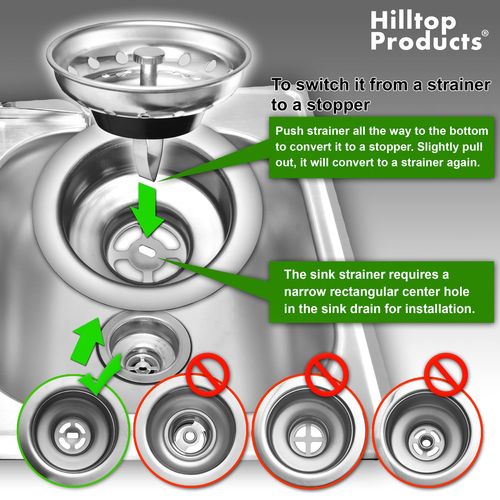 2 Pack - Kitchen Sink Strainer and Stopper Combo Basket Spring Clip Replacement for Standard 3-1/2 inch Drain, Stainless Steel Basket and Rod, Rubber Stopper Bottom