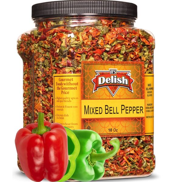 Dehydrated Dried Red and Green Bell Peppers Mix by It's Delish, Jumbo Reusable Container 16 Oz (1 lb) | Bulk Mixed Bell Pepper Flakes – Chopped & Dried Vegetable Spice Seasoning | Vegan, Kosher