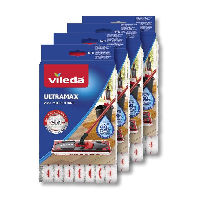 Vileda Ultramax Bodenwischer Ersatzbezüge, Wischmopp Bezug Ultramat_Ultramax aus Mikrofasern, für alle Hartböden, Waschmaschinen geeignet, 4er Sparpack, Eco-Verpackung