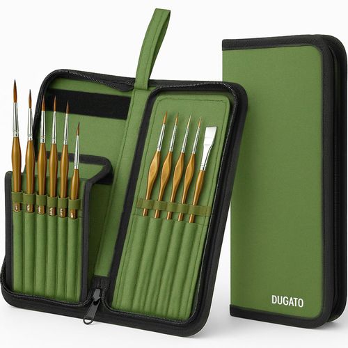 DUGATO Short Paint Brush Holder & Organizer 5.4x10.7 inches, Green Canvas Bag for Brushes up to 9.3" Length, Case Brush with 15 Slots, Artist Brush Carrying Case (Brush Not Included) – Green