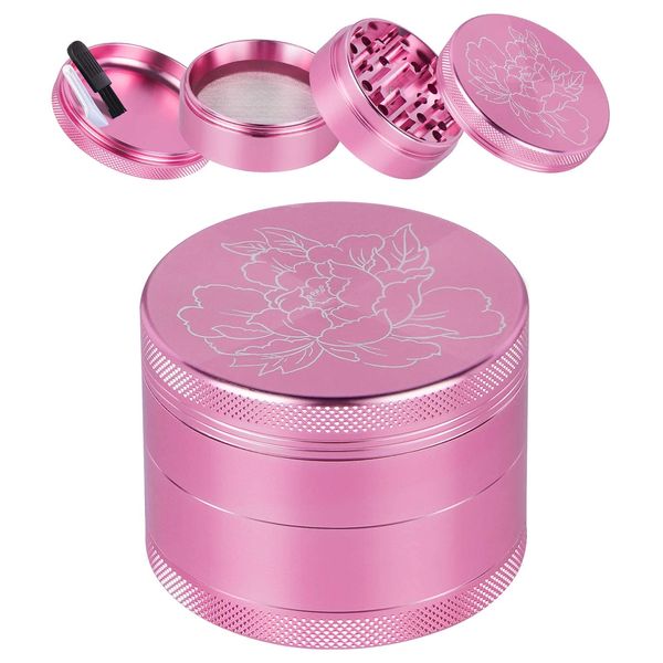 Herb Grinder, Premium Aluminium Spice Grinders 2.2 Inches 4 Pieces Metal Grinder Laser Flower Pattern–Includes Pollen Catcher Stainless Steel Screen, Pollen Scraper (Pink)