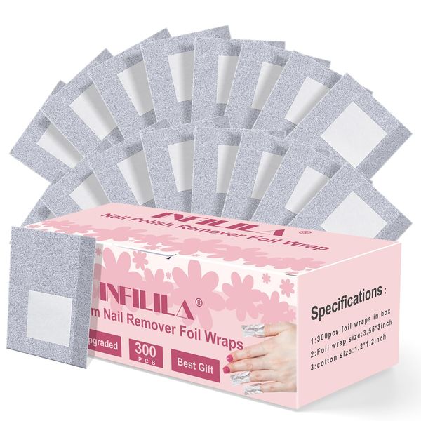 NXJ INFILILA Foil Nail Wraps - 300PCS Gel Nail Polish Remover Foil Wraps for Nails, Soak Off Gel Remover with Larger Cotton Pad for Removing Nail Polish at home