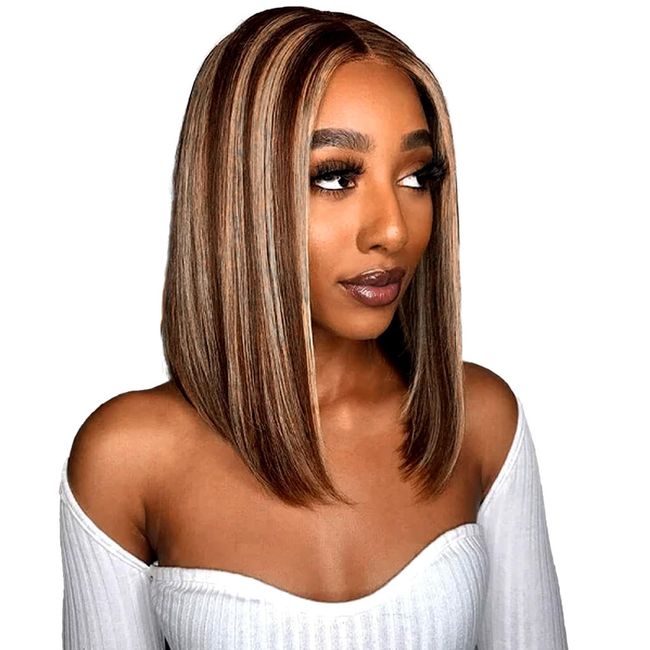 TQPQHQT Blonde Perücke Echthaar Perücke Human Hair Wigs Straight Lace Closure Wig For Black Women Ombre P4/30 Lace Front Wig Peruvian Hair Wig With Natural Hairline Straight 12 Inch