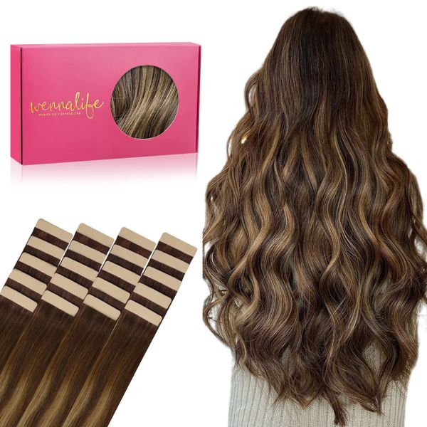 WENNALIFE Tape Extensions Echthaar, 20pcs 50g 35cm 14 Zoll Balayage Schokoladenbraun bis Karamellblond Remy Invisible Tape Extensions Seidig Gerade Echthaar Extensions Skin Weft Tape Ins