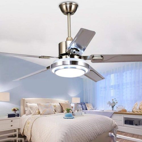 LUOLAX Stainless Steel Ceiling Fan with Light, Reversible 5 Blades and Three-Color Changes by Remote Control LED Chandelier Lamp for Bedroom, Dinning Room Decoration (52 Inch)