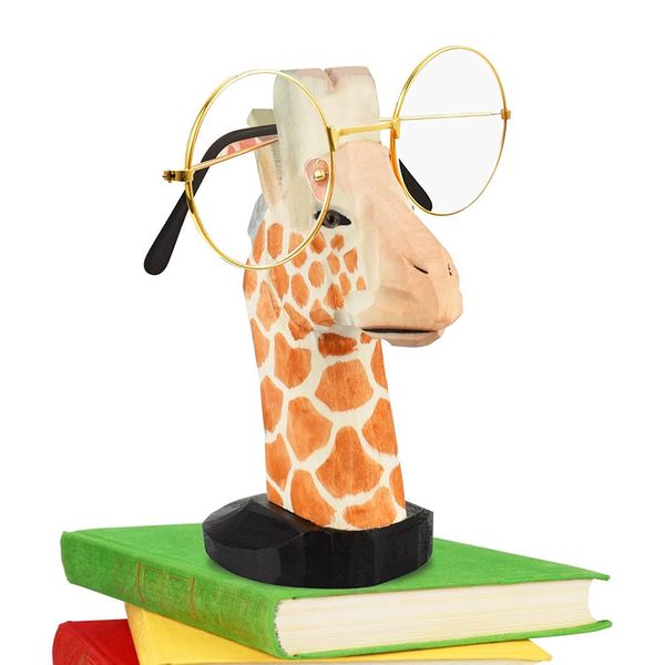 EMAGEREN Wooden Eyeglass Holder Hand Carved Glasses Holder Stand Animals Sunglasses Holder Stand Cute Giraffe Eyeglasses Spectacle Holder Giraffe Gifts for Home Office Desk Decor (Giraffe Style)