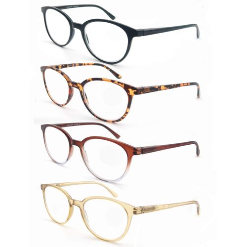 MODFANS 4-Pack Reading Glasses 1.5 Fashion Printed for Men Women,Eyeglasses Round Frame Comfort Spring Hinges,Readers Black-Brown-Tortoiseshell-Yellow