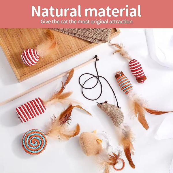 Shuffy Interactive Cat Toys | Natural Material | Pack of 7 | Cat Feather Toys | Sisal Material | Playing Indoor Cat Toy | Cat Wand Toy | Cat Nip Toys | Gift Box