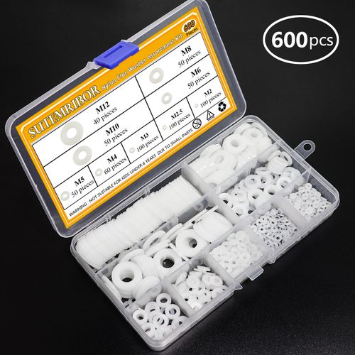 Sutemribor Nylon Flat Washer Assortment Set 600 Pieces, 9 Sizes - M2 M2.5 M3 M4 M5 M6 M8 M10 M12