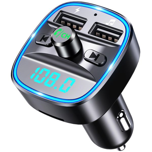 COMSOON Bluetooth FM Transmitter, [Blue Ambient Ring Light] Wireless Radio Car Receiver Adapter Kit with Hands-Free Calling, Dual USB Charger 5V/2.4A & 1A, Support TF/SD Card, USB Disk