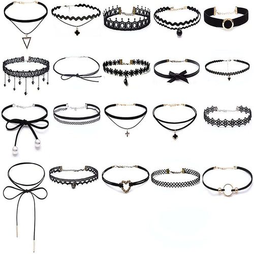 Samkos Women's Choker, 20-Piece Set, Lily Choker, Ribbon Making, Pendant, Casual, Black Set, Elastic Type, Adjustable, Metal