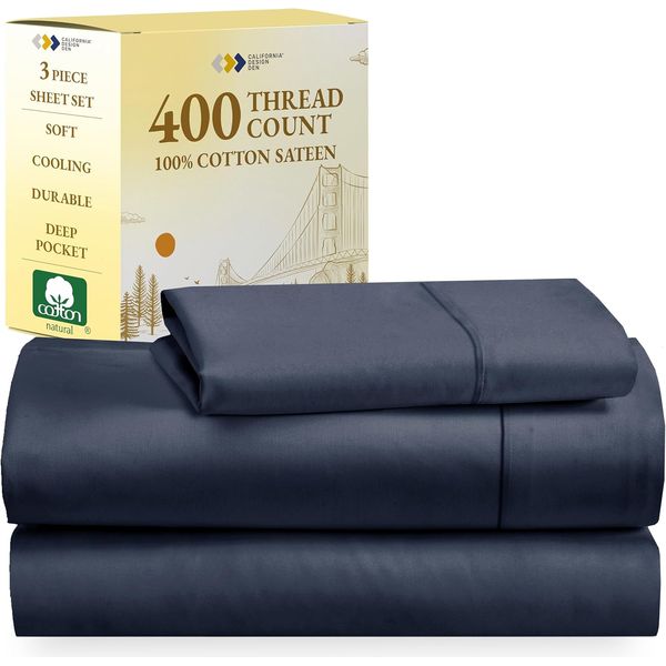 100% Cotton Twin Sheets Set, 400 Thread Count Sateen Bedding for Dorm Rooms & Ad