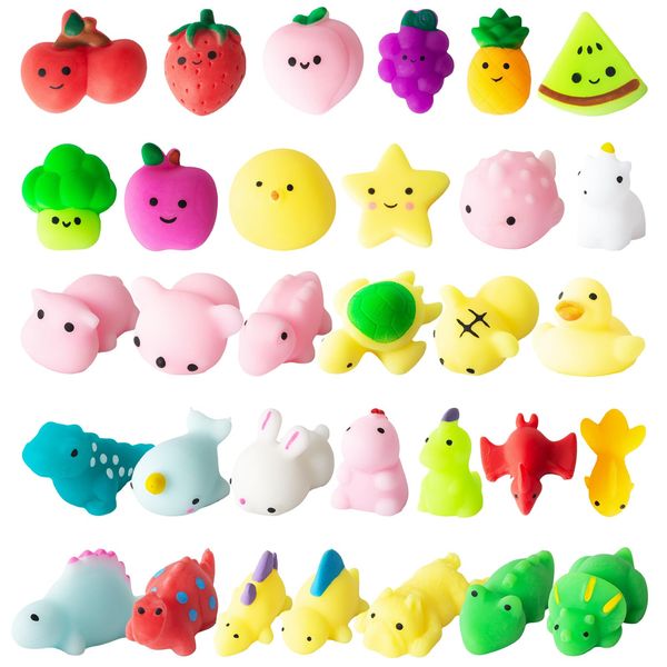 Mochi Squishy Toys - 32 Pack Mixed Fruit Dinosaur Animal Mini Squishies - Kawaii Stress Reliever Squeeze Fidget Toys Set - Birthday Gifts, Party Favors, Goodie Bag Filler with Storage Box