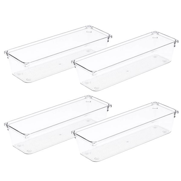 Amtido 4 Pack Drawer Organisers - Sturdy Clear Plastic - Versatile Storage for Kitchen, Bathroom, Utensils, Makeup, Office, and Desk Accessories (7.6cm x 22.9cm x 5.1cm)