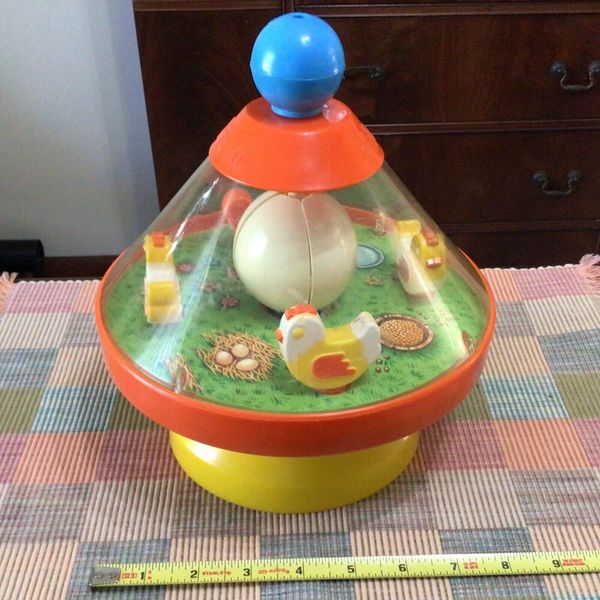 Rare Vtg 9.5" H Chicco Spinning Top Toy Chickens w/ Eggs, USA, Farmhouse, Video!