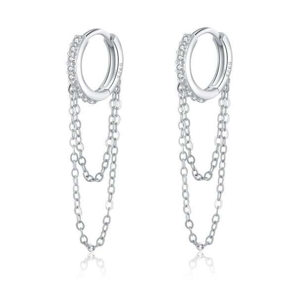 Reffeer 925 Sterling Silver CZ Chain Hoop Earrings Dangle Chain for Women Earrings Dangle Earrings Tassel Hoop Earrings (A-Silver)