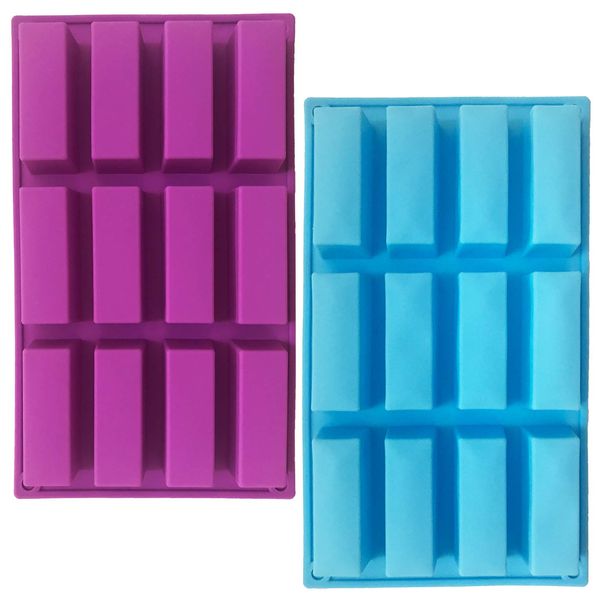 Set of 2 Silicone Rectangle Molds, 12-Cavity, for Making Protein Bars Energy Bars Caramel Bread Loaf Muffin Brownie Cornbread Cheesecake Pudding Butter Soap - Blue, Purple