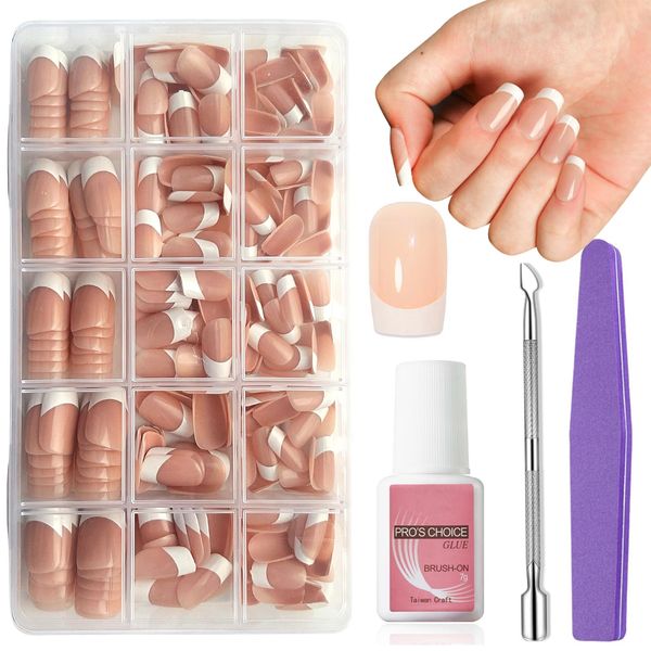 False Nails Kit - 240Pcs French Press On Nails Short - Nude French Tip False Nails - Short Square Nail Tips and Glue Stick on Nails - 15 Size Coffin French Manicure Fake Nails for Women Nail Art Home