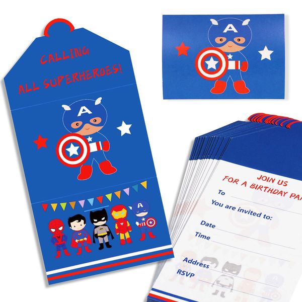 16x Superhero Party Invitation Cards Envelope Style - Superhero Invitation Cards for Girls Boys Avengers Birthday Party Supplies Baby Shower Invites Double-Sided Printed Eco-friendly Ready to Write