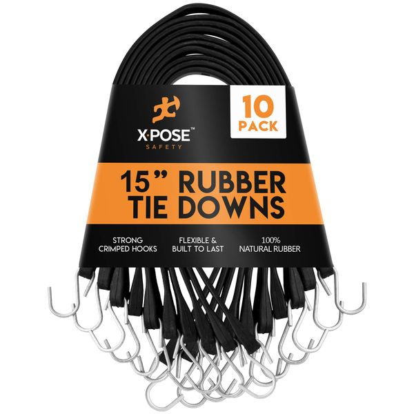 Rubber Bungee Cords with Hooks 10 Pack 15 Inch (23” Max Stretch) - Heavy-Duty Black Tie Down Straps for Outdoor, Tarp Covers, Canvas Canopies, Motorcycle, and Cargo - by Xpose Safety