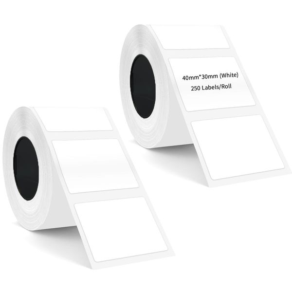 2 Rolls Label Maker Tape, T50M Waterproof Self-Adhesive Mabel Sticker 1.57" x 1.18" (40mm x 30mm 500pcs, White Multipurpose Labeling Tape Replacement Label Printer